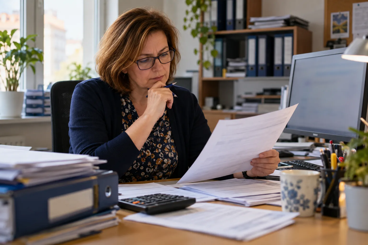 Księgowa przy biurku sprawdza dokumenty z deklaracją