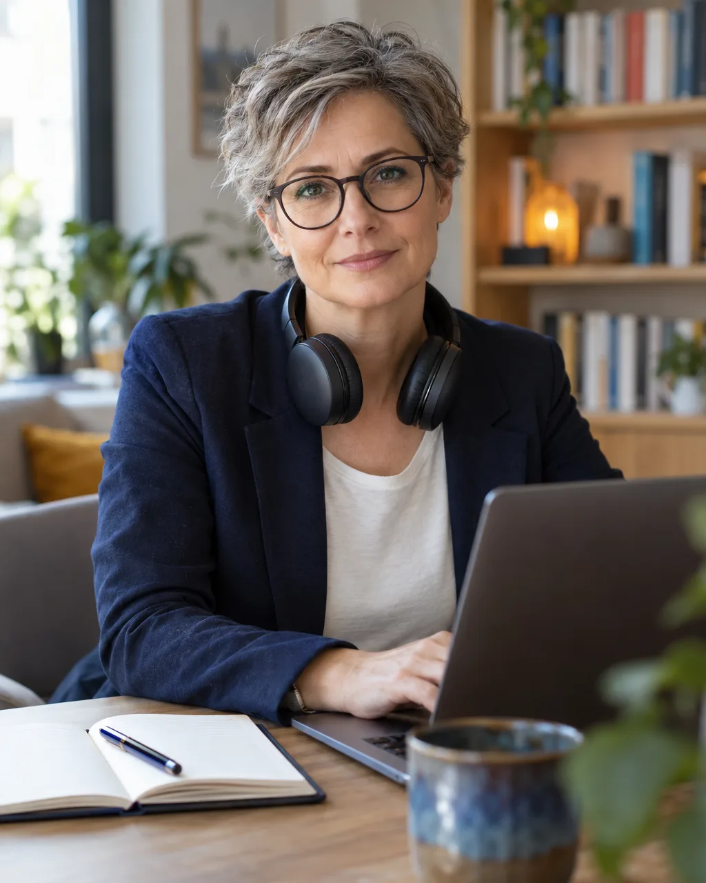 Pracowniczka w okularach pracuje przy laptopie w domowym gabinecie