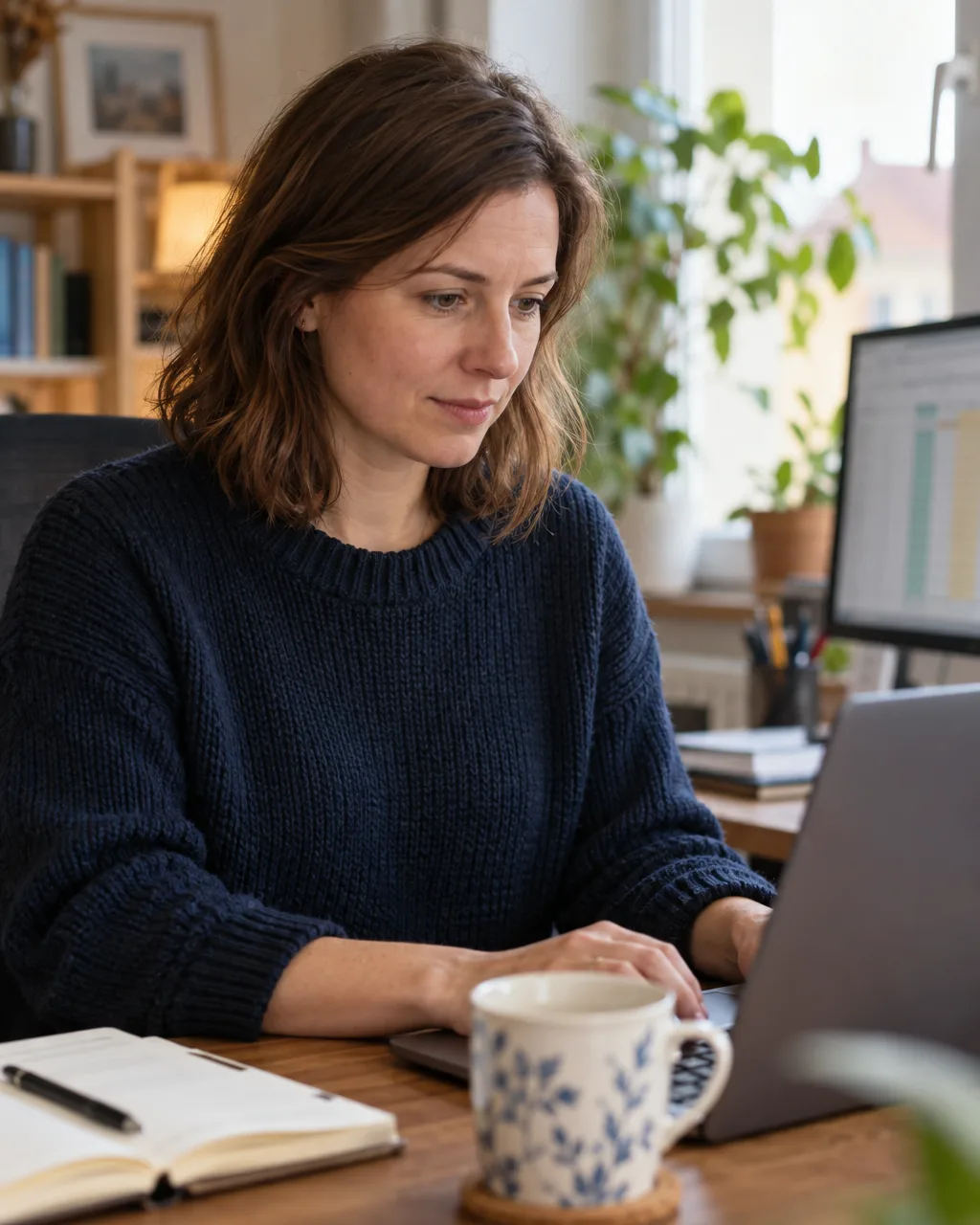 Pracowniczka przy biurku analizuje dane w arkuszu na laptopie