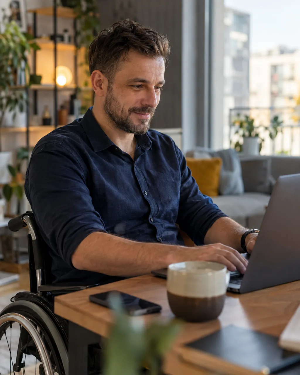 Pracownik pracuje zdalnie na laptopie przy biurku w domu
