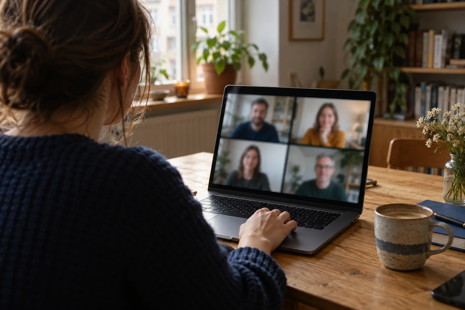 Laptop z wideospotkaniem zespołu na drewnianym biurku